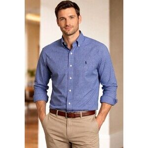 Polo Ralph Lauren Shirt Mens Medium Blue Check Button Down Long Sleeve Easy Care